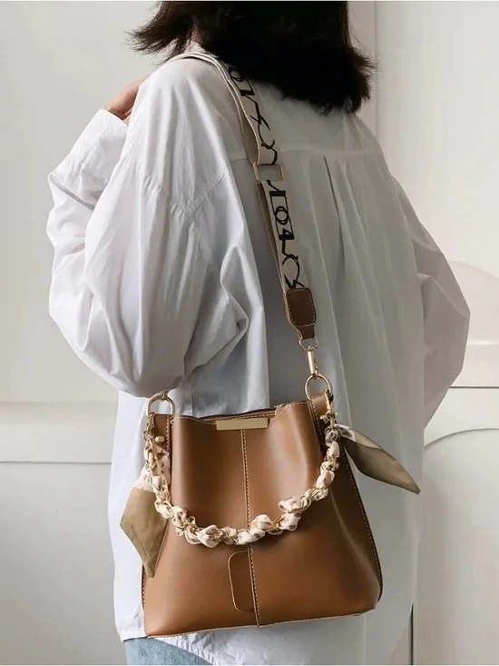 Women's Tan Bucket Tote Bag with Scarf-Detail Handle - Picture 6 of 8